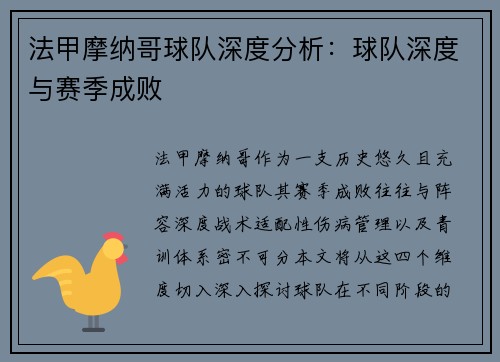 法甲摩纳哥球队深度分析：球队深度与赛季成败